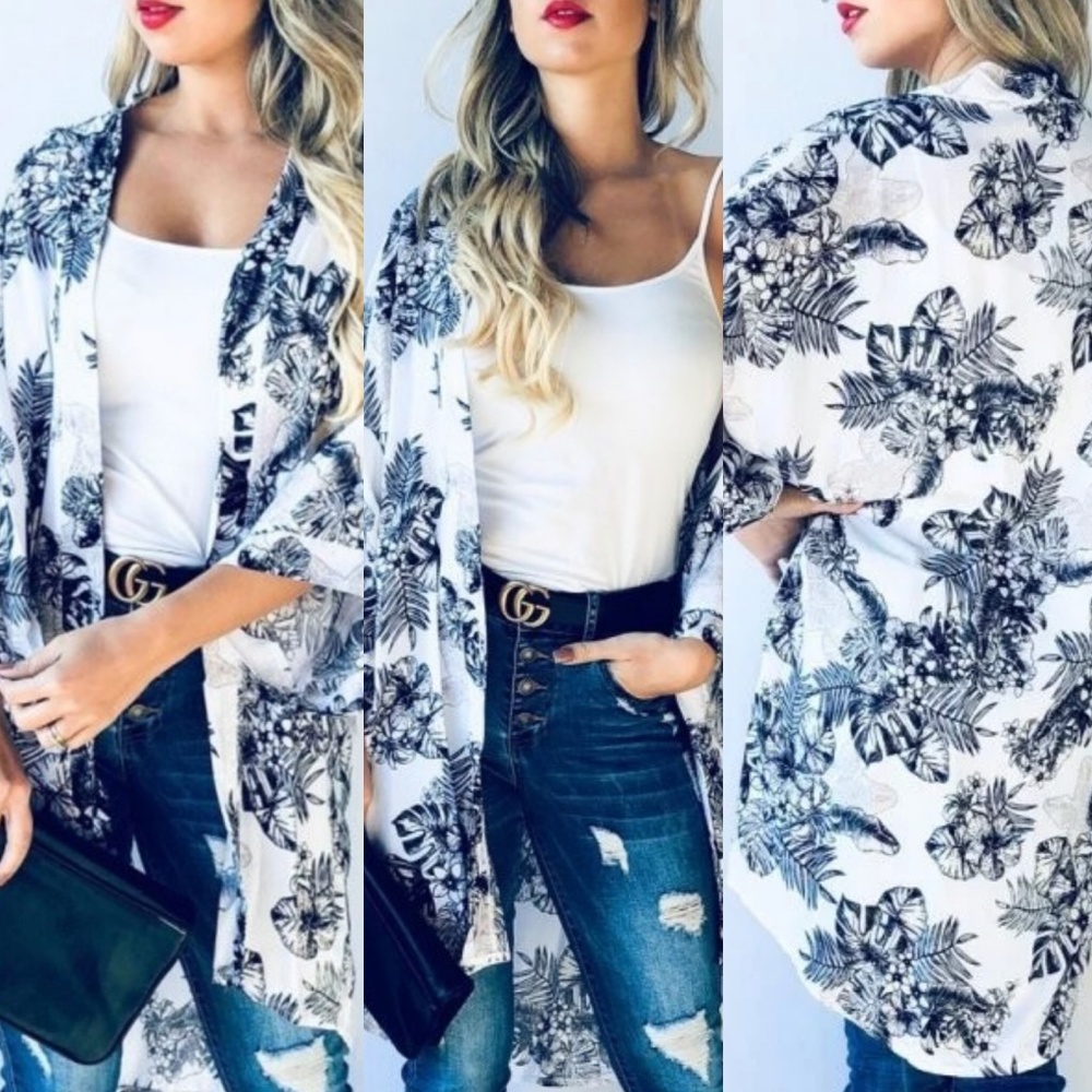Off White Black Floral Printed Kimono Cardigan - Picture 2 of 6